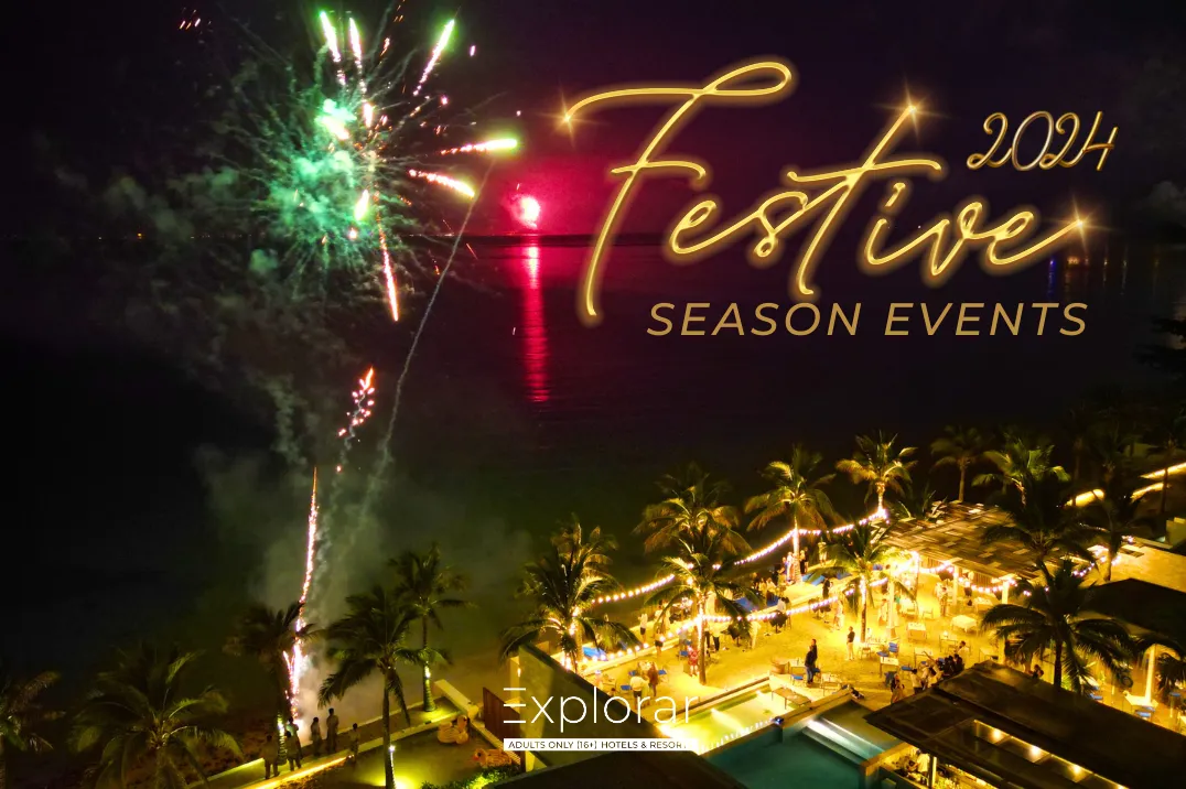 Drone shot of fireworks over the Gulf of Thailand during the New Year’s Eve celebration at Explorar Koh Samui.