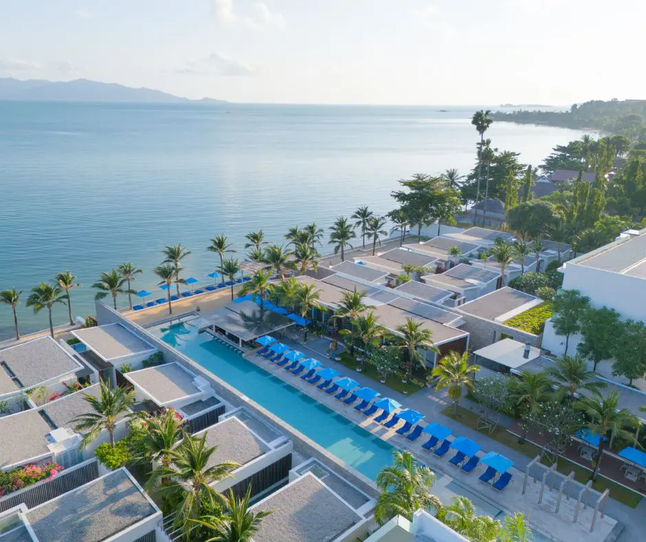 drone shot of a beachfront resort property in Koh Samui